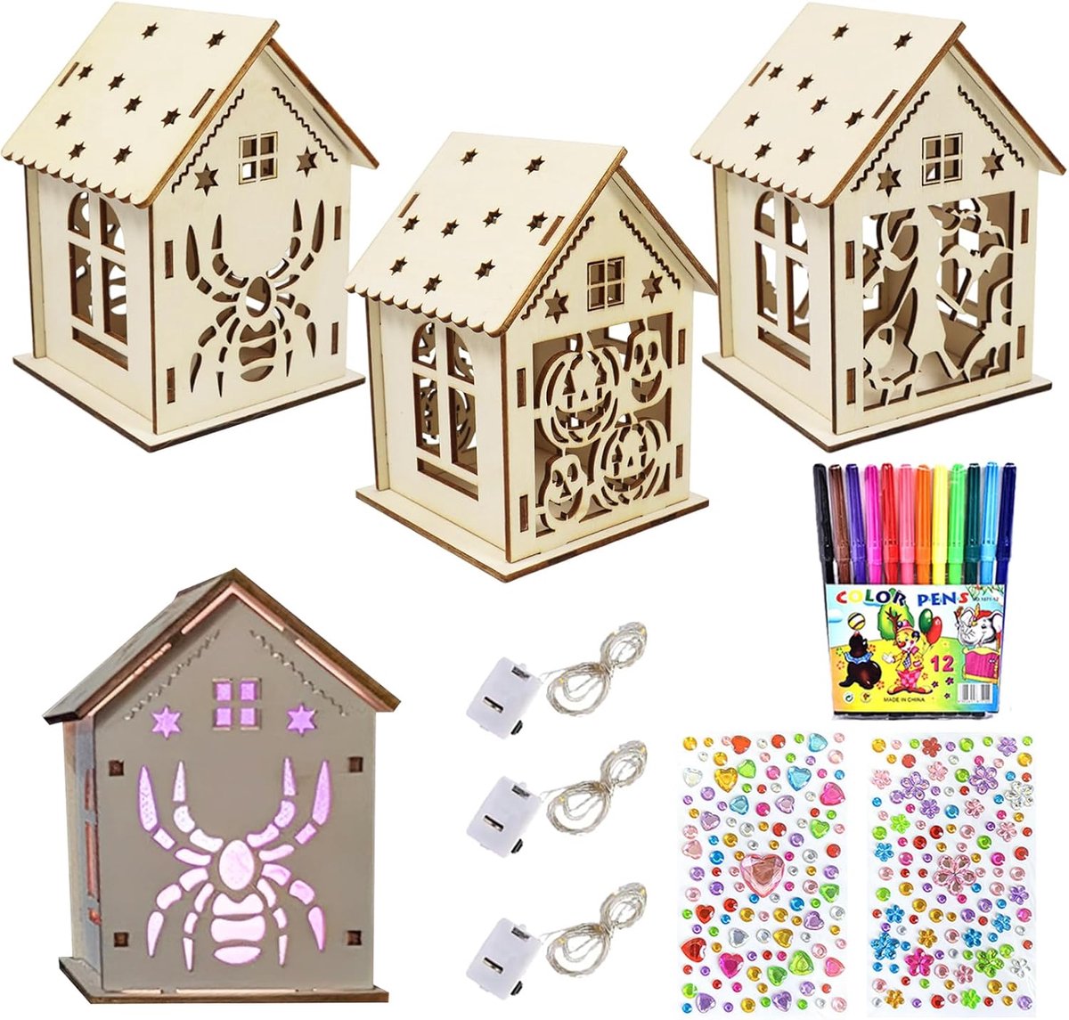 Hout, LED Helloween theelichthuis, LED-huis bouwpakket, doen kinderen het zelf