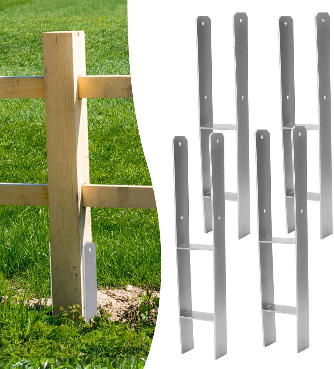 H-paalanker, 4 stuks, H-anker, paaldrager, grondanker voor palen, H-paalschoen voor omheining en broeikas, vierkante houten palen (101 x 600 mm)