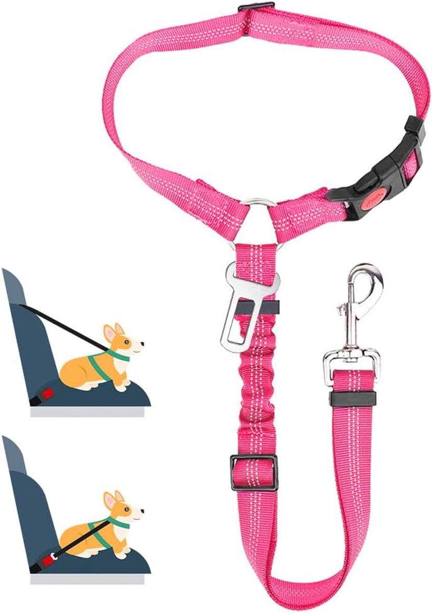Hondenriem voor de auto, 2-in-1 hoofdsteun-rugleuning, veiligheidsriem voor hond met universele gesp, verstelbare reflecterende elastische strip (F.hoogrood, 1 stuk, hoofdsteun + clip))