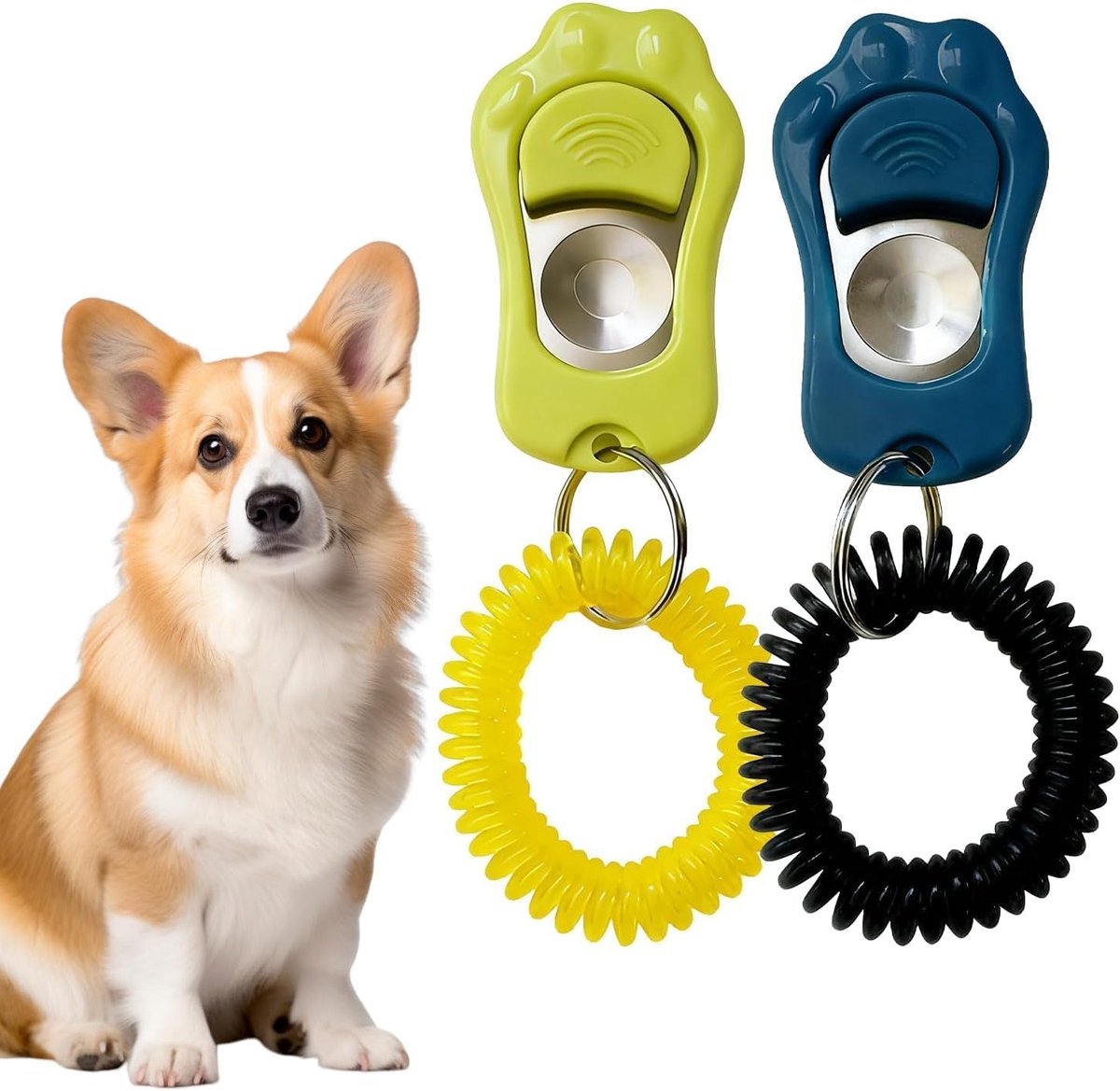 Clickers met Polsband, Trainingsclickers met Verstelbaar Geluid | Precieze Markering 2 Kunststof Trainingsclickers met RVS Klikplaat en Polsband in Saliegroen en Blauw voor Honden en Katten.