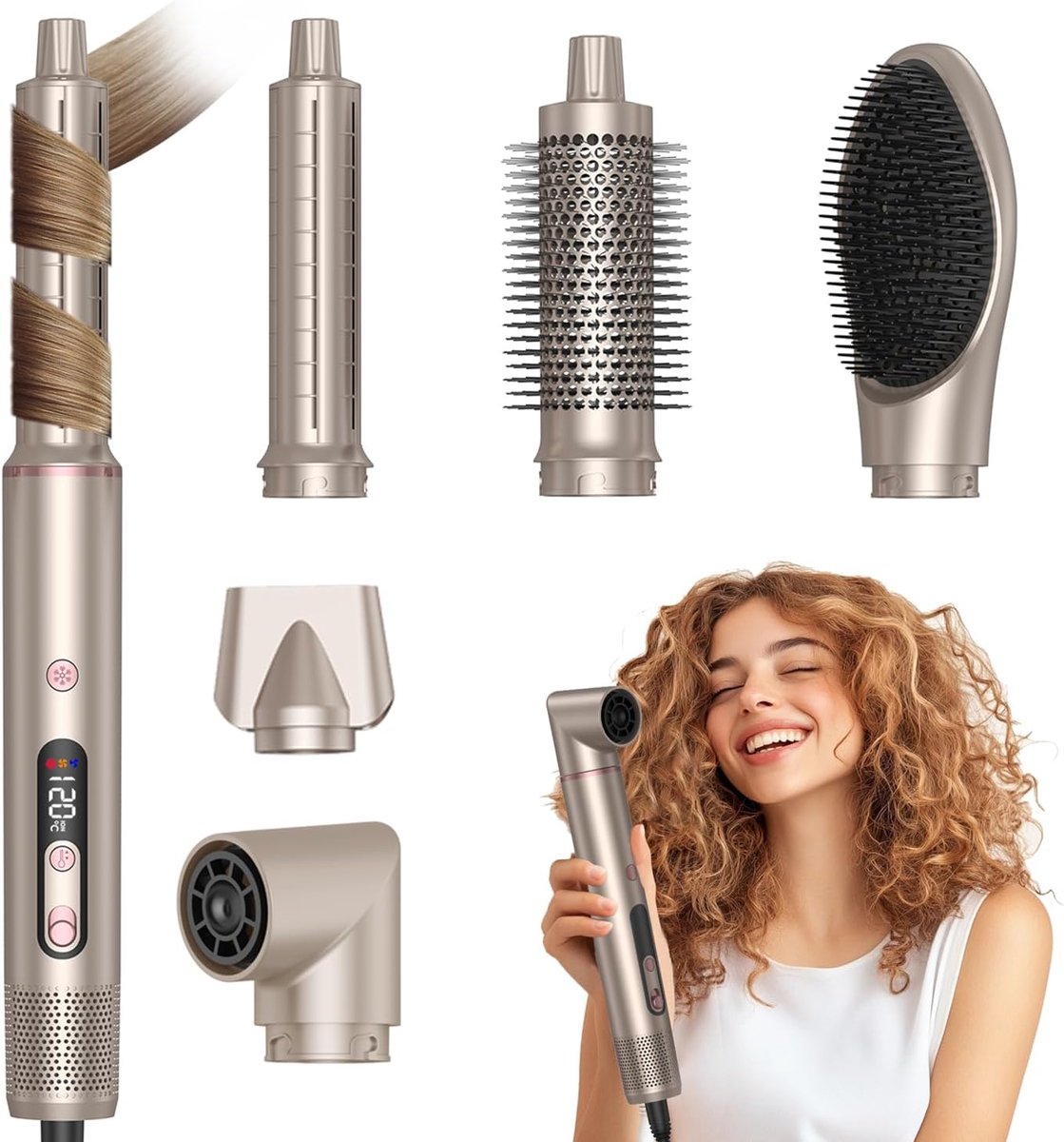 6-in-1 Haardrogerborstels met LCD-scherm, 110.000 t/min Heteluchtborstel met One-touch cool breeze, Automatische Luchtkrultang, Krulvolumeborstel, Auto-Wrap Airstyler, Haarstyler, Hairstyler