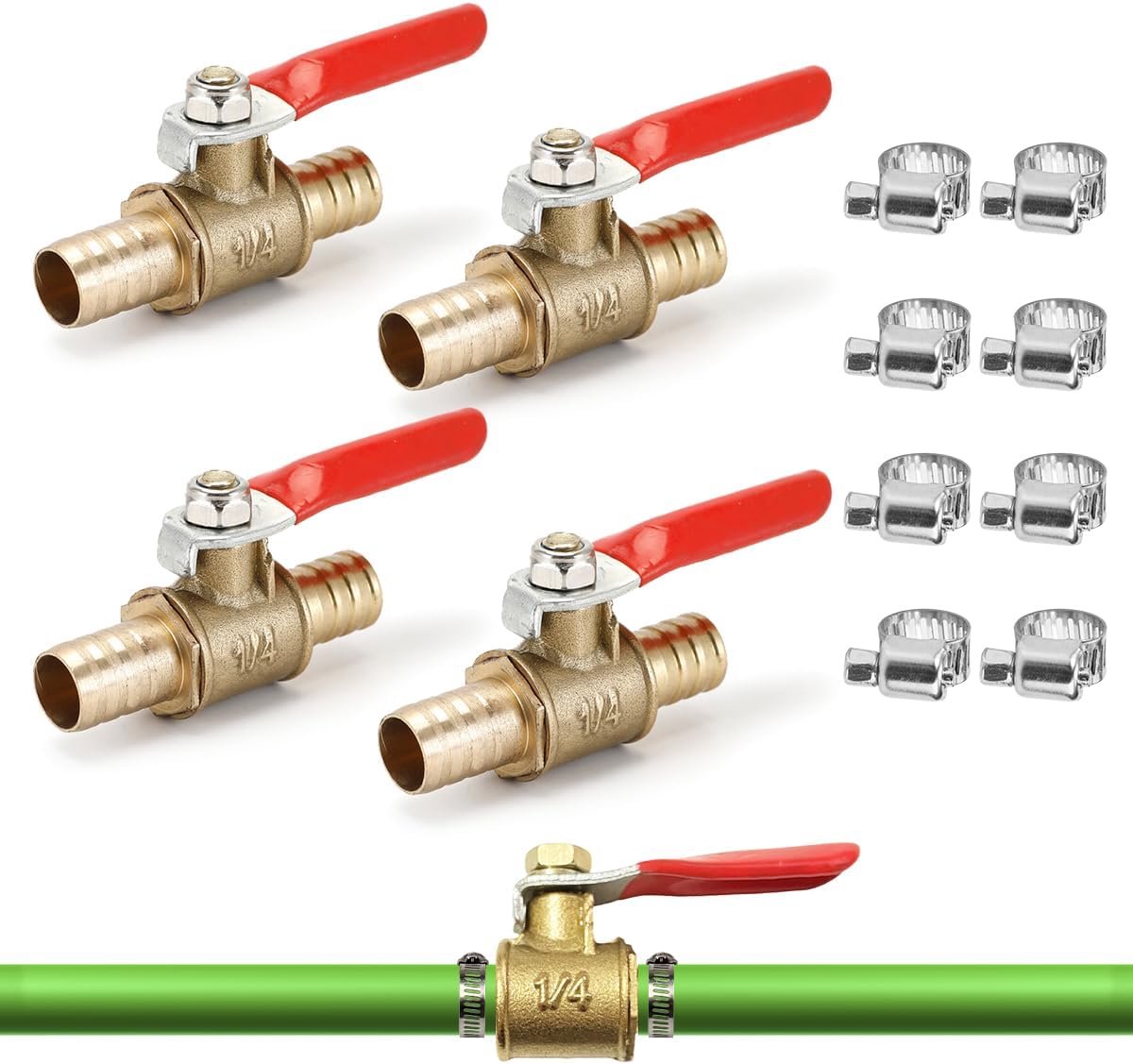 4 stuks 8 mm kogelventiel van messing, kogelventiel met weerhaak | kogelkraan afsluitventiel met 8 stuks klemmen, 180 graden bedieningsgreep, ventielbuisschroefverbindingen voor lucht, gas