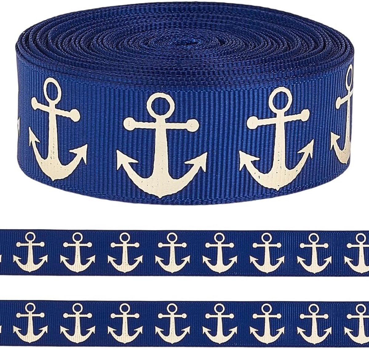 grosgrain lint 9,14 m x 22 mm met ankermotief en gouden anker. Stoffen band voor geschenkverpakkingen, dragees, cake, zakjes en creatieve vrijetijdsaccessoires.