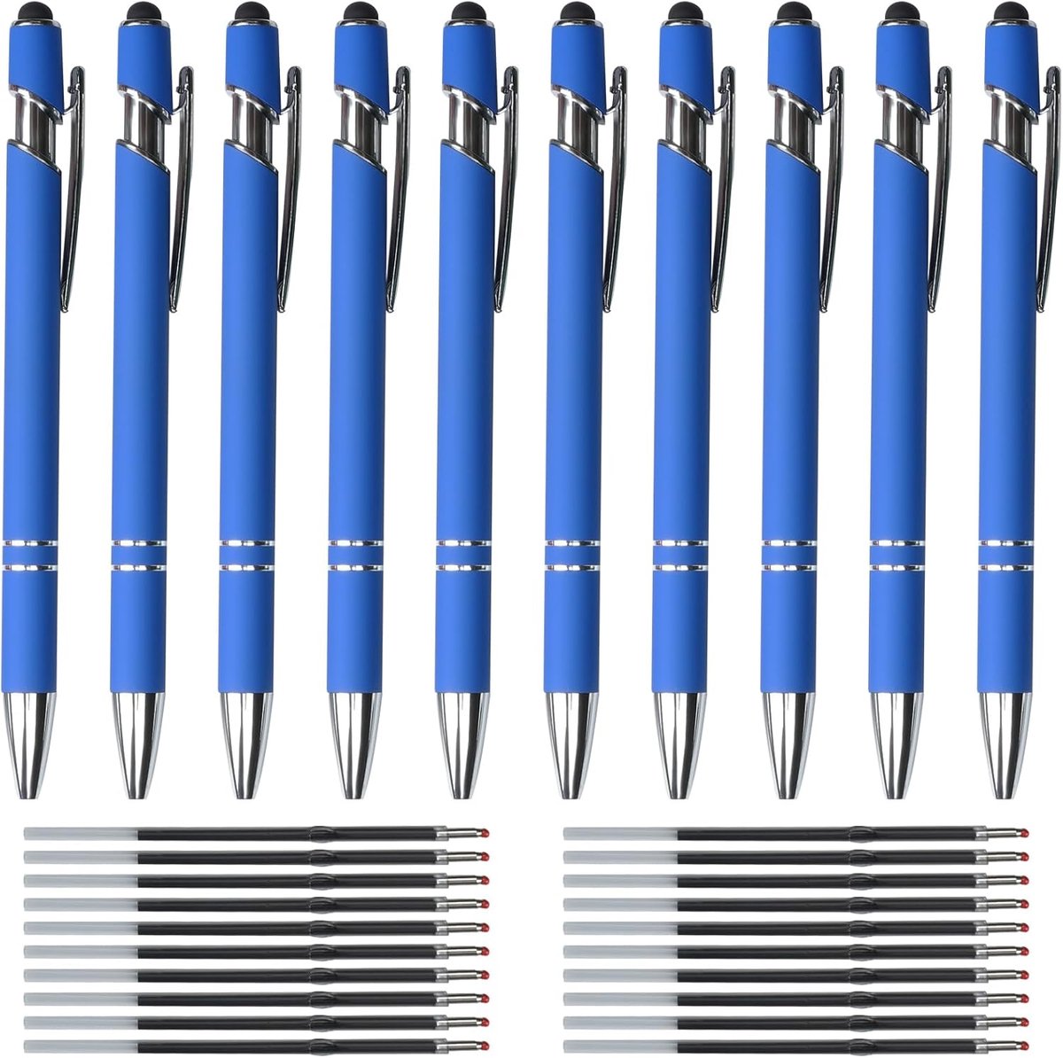 balpen, 10 stuks, super duurzame drukbalpen met 20 navullingen, balpenset, Blauw, 2-in-1 ergonomische balpen met touchpen voor kantoor en huishouden | Balpen met 20 navullingen, balpenset, blauw, 2-in-1 ergonomische balpen voor kantoor, huishouden