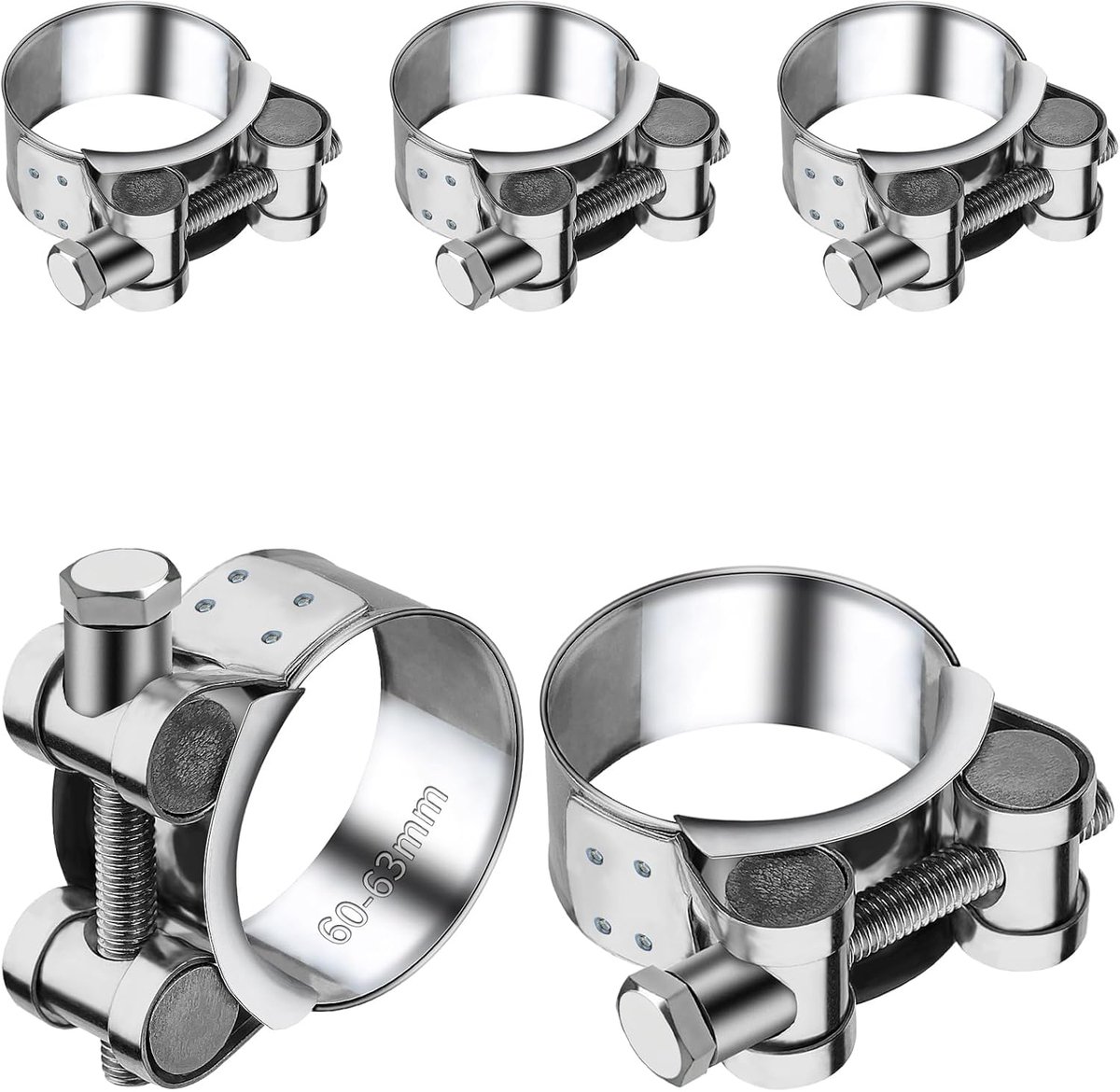 5 stuks 60-63 mm scharnierboutklem, roestvrij staal, uitlaatpijp, uitlaatklemmen, spanbekkenklemmen voor gebruik op de uitlaat, slang, waterpijp