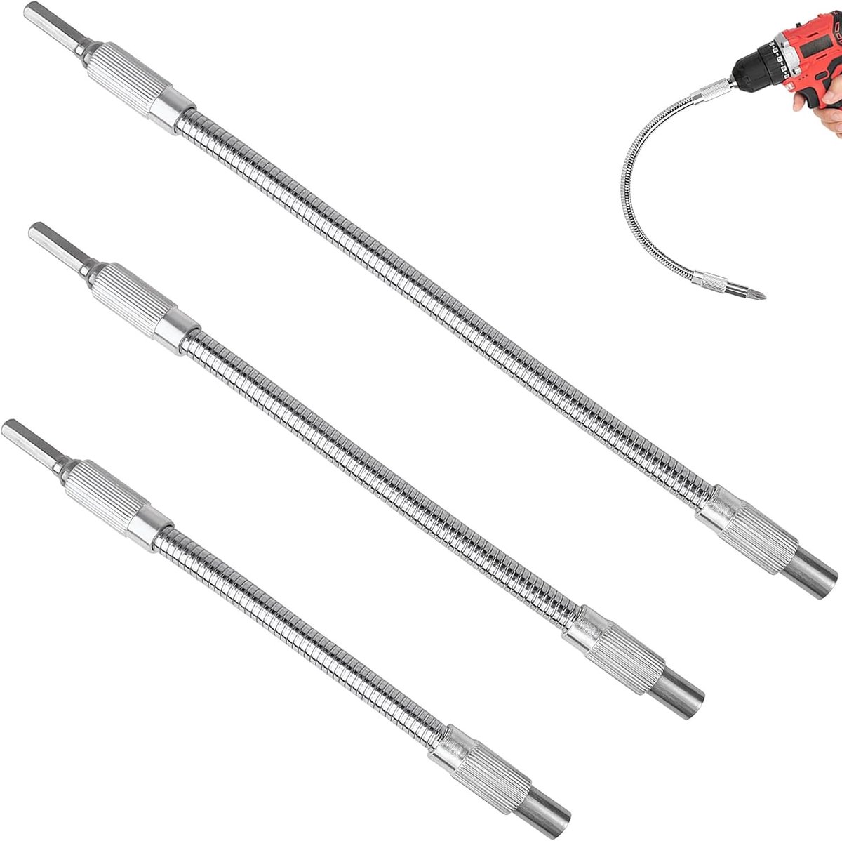 Flexibele as, 3 stuks, flexibele as, universeel, 150 mm / 200 mm / 300 mm, 1/4 inch (1/4 inch), flexibele verlenging van de schroevendraaier, flexibele bithouder