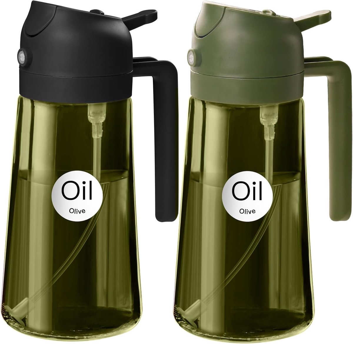 16oz/470ml donkergroene oliesproeier om te koken met stickers, voedselveilige premium 2-in-1 olijfoliedispenserfles voor keukengadgets, luchtfriteuse, salade, frituren, barbecue