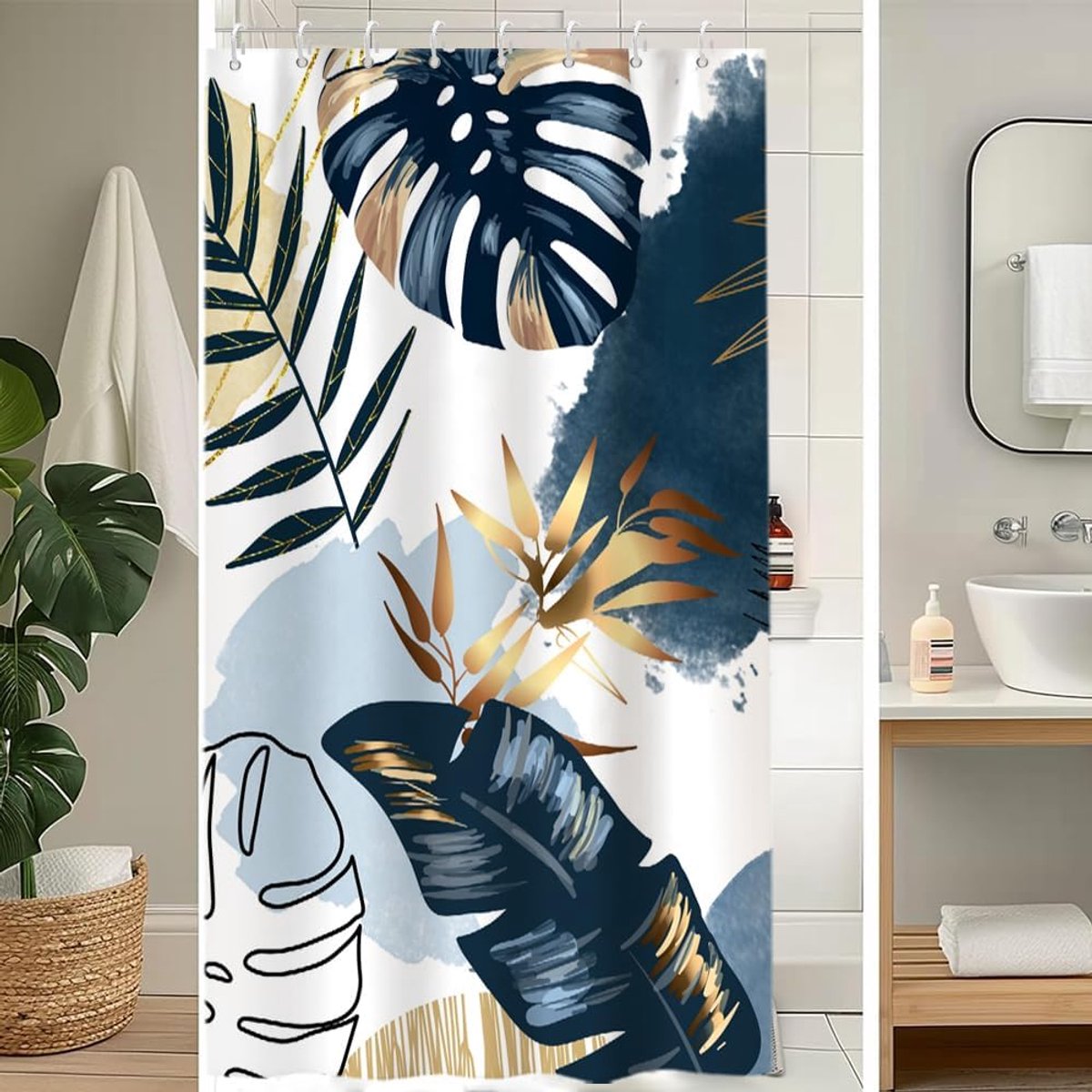 Douchegordijn, 120 x 200 cm, schimmelwerend, boho-stijl, tropisch blauw, palmbladeren, jungle, douchegordijnen, stof, wasbaar, waterdicht, polyester, badgordijn met 8 haken, voor badkamer