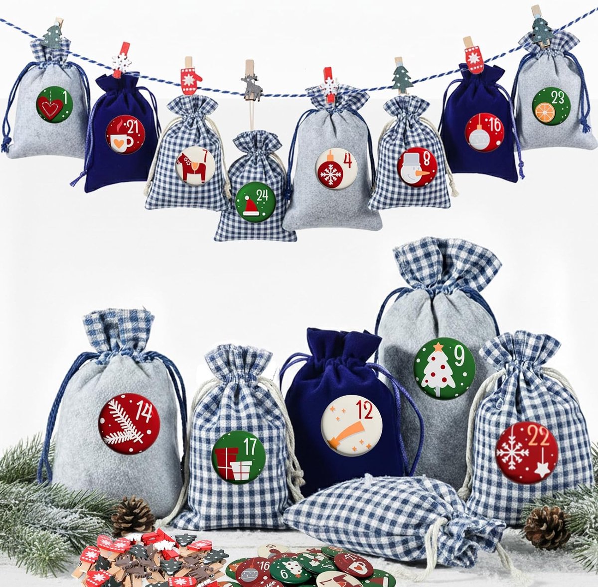 Adventskalender om te vullen met stof, 24 adventskalenderzakjes, groot, in blauw en grijs, kerstkalender om te vullen, voor kinderen en mannen, adventskalender 2025, om zelf te vullen en op te hangen