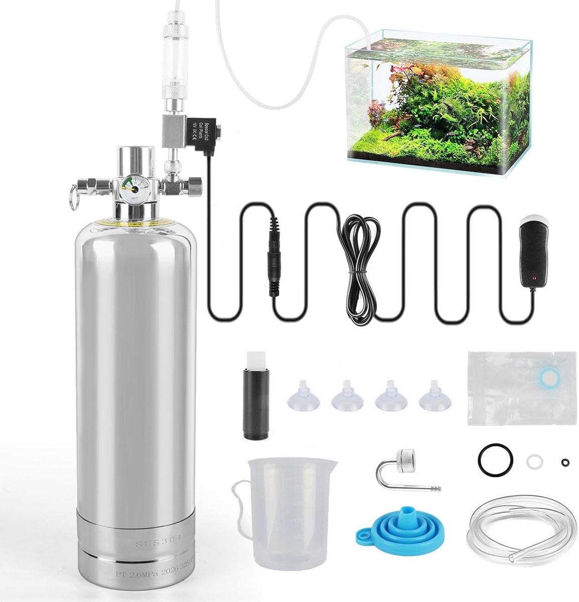 CO2-installatie, aquarium, complete set, 2 kg, met magneetventiel en diffuser