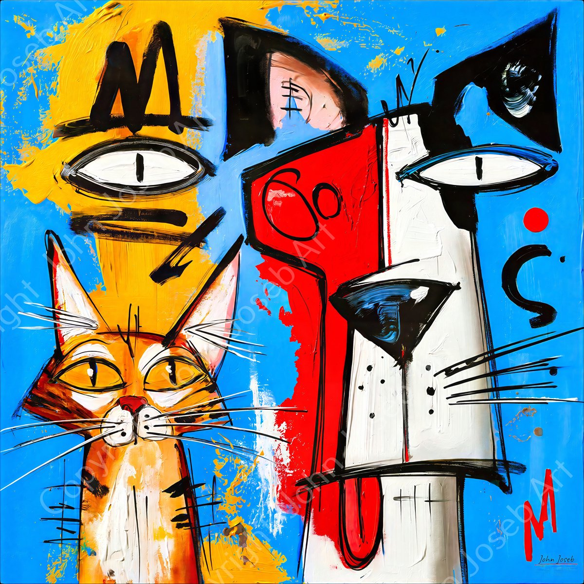 John Joseb Art (Canvas) 100x100 | Grappige hond en poes, kat, humor, Herman Brood stijl, abstract, kleurrijk, graffiti, kunst, vierkant, dier, portret, blauw, bruin, rood, wit, modern| Foto-Schilderij canvas print (wanddecoratie)