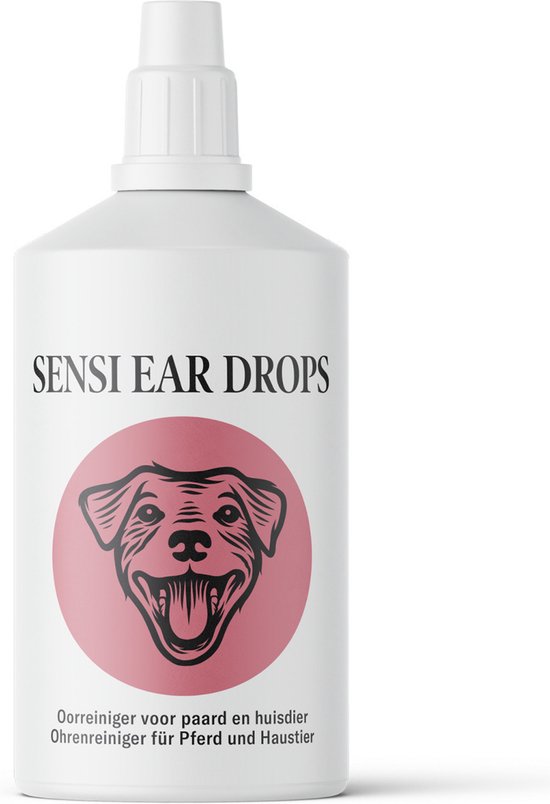 Witte fles 'Sensi Ear Drops' met roze cirkel met hondenkop, op witte achtergrond.
