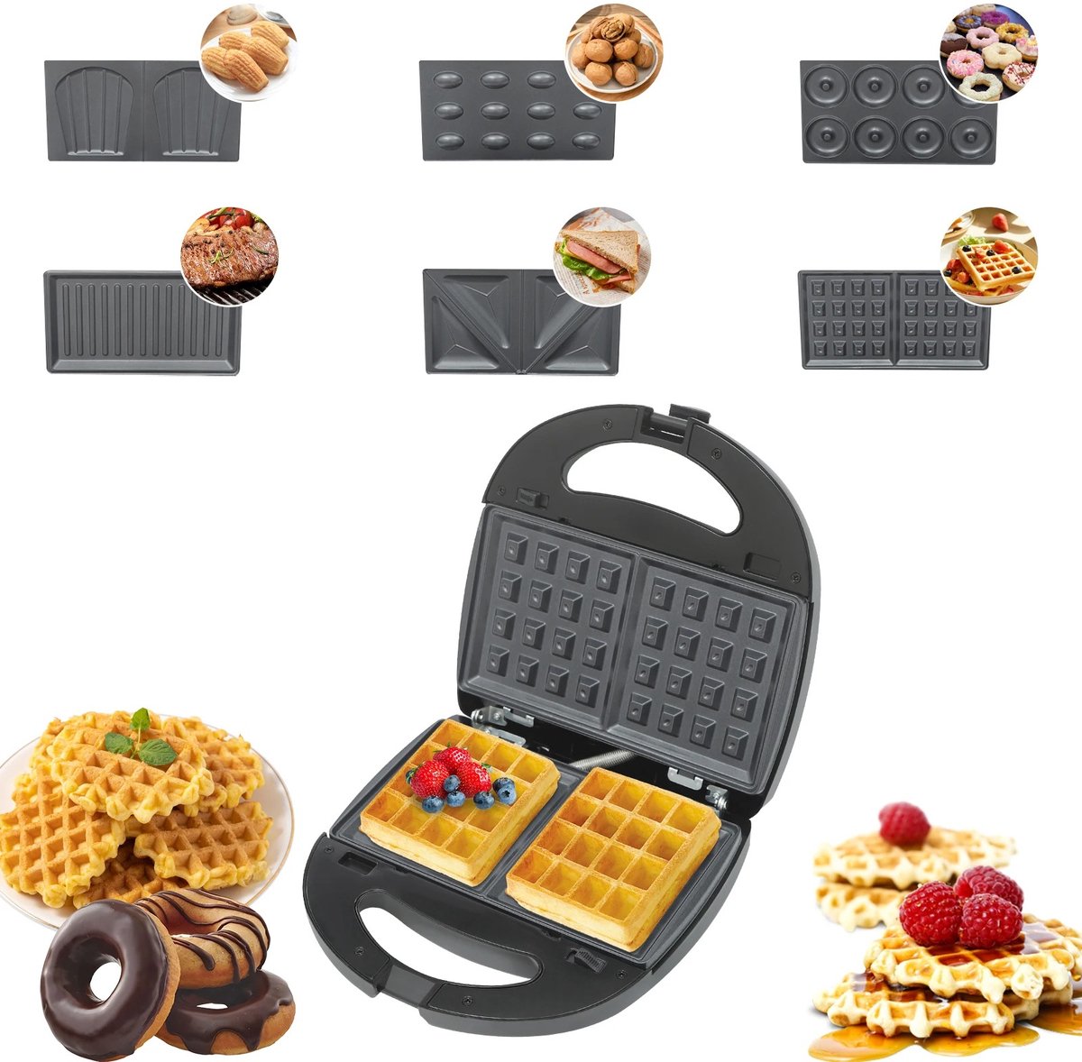 Seth Select 6-in-1 Wafelijzer 750W – Multifunctionele Sandwichmaker, Tosti-ijzer, Contactgrill en Pannenkoekenmaker – Verwisselbare Antiaanbak Bakplaten