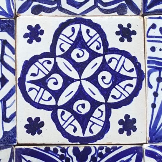 Moro HBF8400 Oosterse tegelmix, 10 x 10 cm, blauw wit, verpakking van 9 stuks, handbeschilderde Marokkaanse tegels, patchwork, kunsthandwerk uit Marokko, wandtegels voor mooie keuken, douche, — afbeelding 2