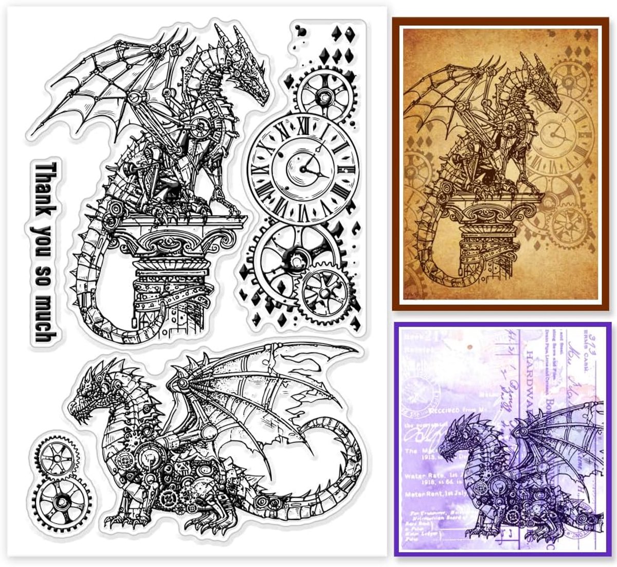 Mechanische Draak Clear Stempels Steampunk Dragon Gear Klok Achtergrond Siliconen Stempels voor DIY Scrapbooking Fotoalbum Decoratieve Kaarten Maken 16x11 cm