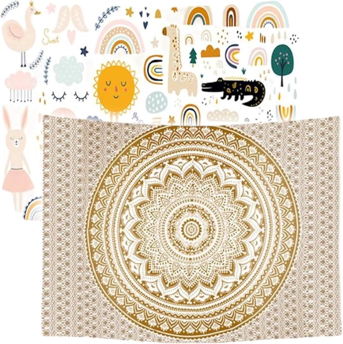 – Wandkleed - Regenboog Dieren Kinderkamer Mandala Bohemian Hippie – Set van 2 designs - 73 cm x 95 cm – Schilderij Wandtapijt Stof – Poster Art – Beige Goud