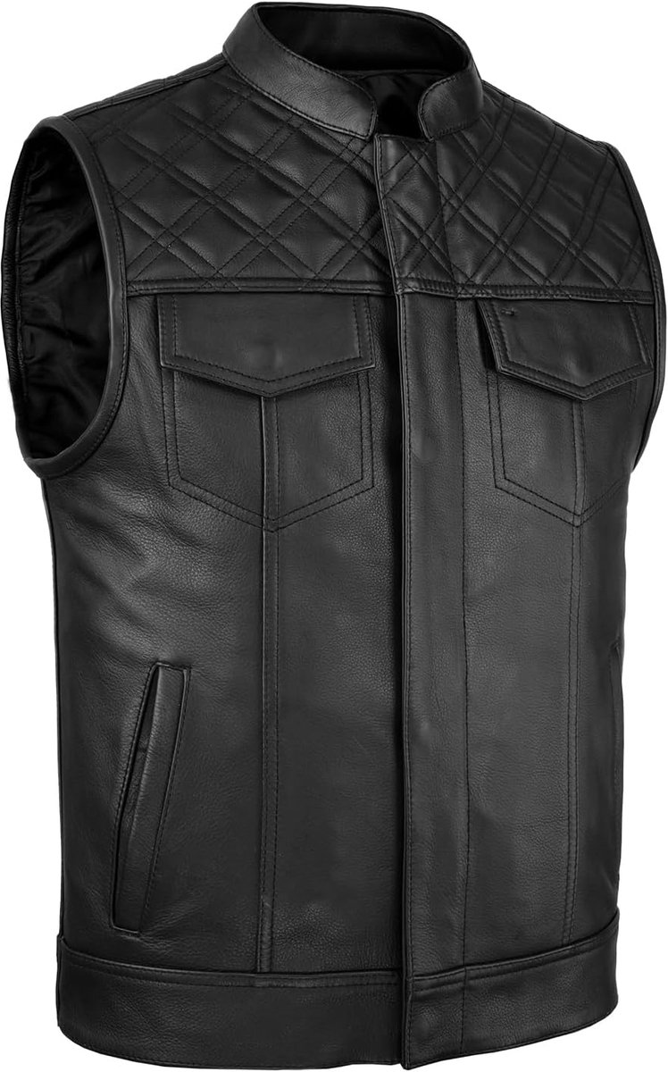 Groove Club heren zwart lederen motorvest, traditionele paisley satijnen voering met rode diamantstiksels