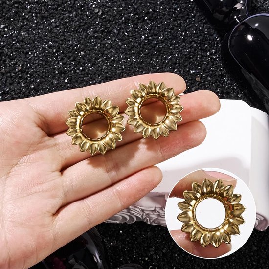 1 paar flesh tunnel roestvrij staal oorplugs expander gauges bloemen oor piercing sieraden zwart zilver goud 8 mm - 16 mm voor dames heren — afbeelding 2