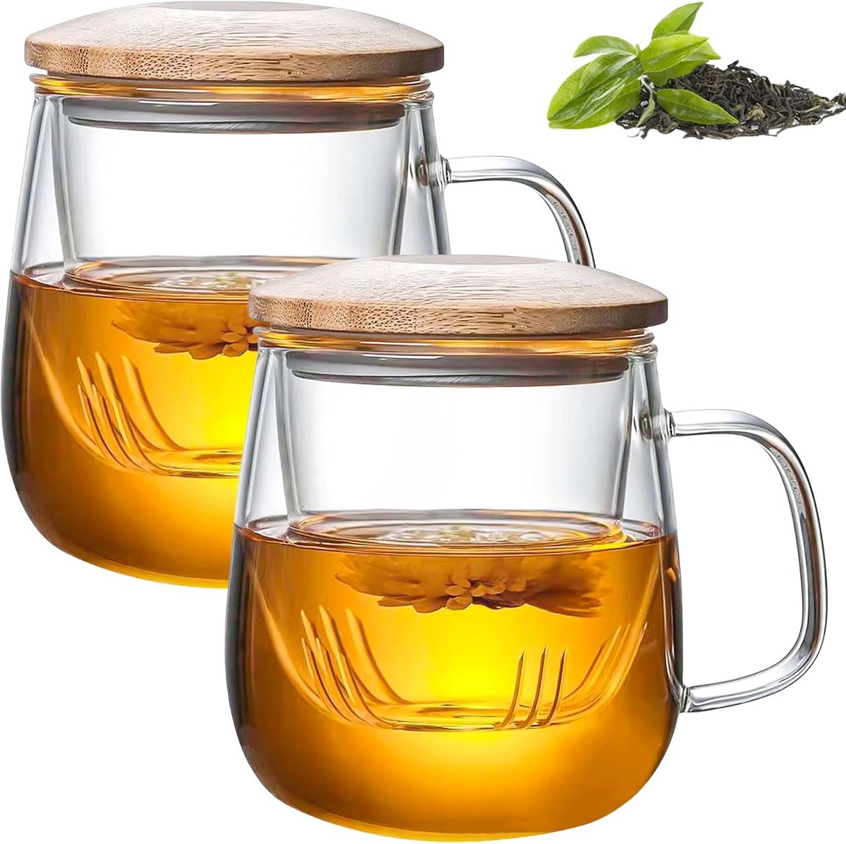 Theepot van 480 ml, glazen theepot met deksel en zeef, borosilicaatglas, hittebestendige glazen kan, thee-ei voor losse bladeren, ideaal voor het bereiden van losse thee, 2 stuks