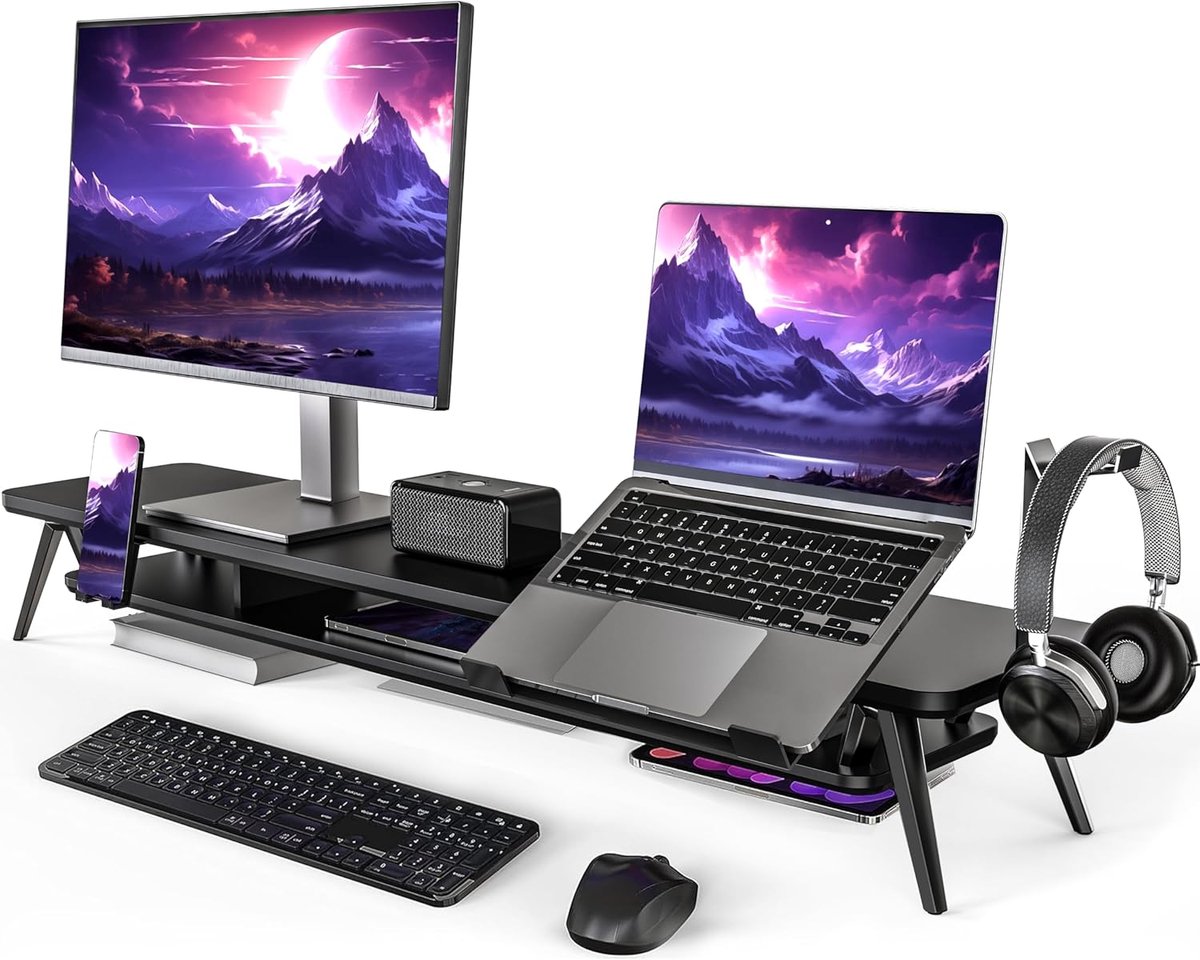 Monitor Stand, Dual Monitor Riser voor 2 monitoren met verstelbare Laptop Riser, 108cm Desk Organizer met Pad / Hoofdtelefoonhouder Max Belasting 50KG (Zwart)