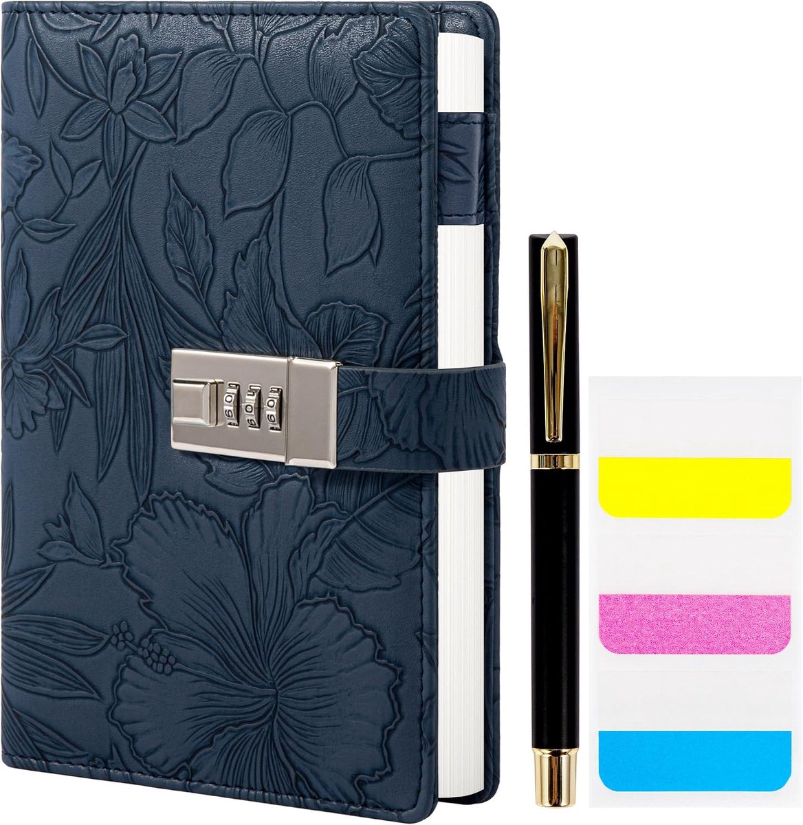 Dagboek met slot voor vrouwen, 3D reliëf dagboek met slot, 224 pagina's brede gelinieerde notitieboeken, PU leer met pen en stickers Planner organizer voor vrouwen en mannen