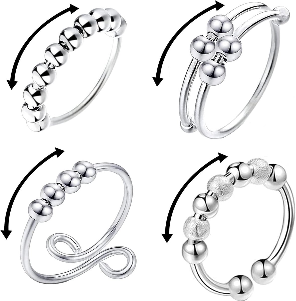 4 stuks angstringen, open vingerringen met parels, spinner-ringen om stress te verminderen, verstelbare parelspinnerringen voor dames en heren, zilver, Niet-edelmetaal, Geen edelsteen