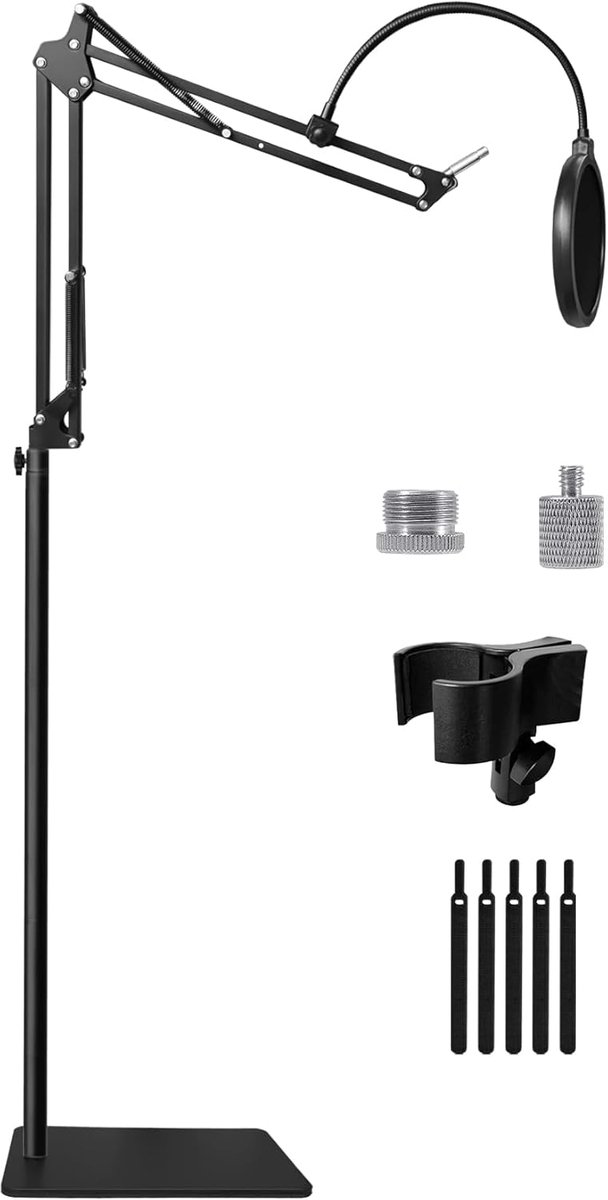 Vloermicrofoonstandaard met Boomarm, Verzwaarde Voet 3 kg en Popfilter | Verstelbare Microfoonarm voor Blue Yeti, Nano, HyperX QuadCast, Elgato Wave, Snowball, SM7B, MV7 met 5/8" en 1/4" Schroef