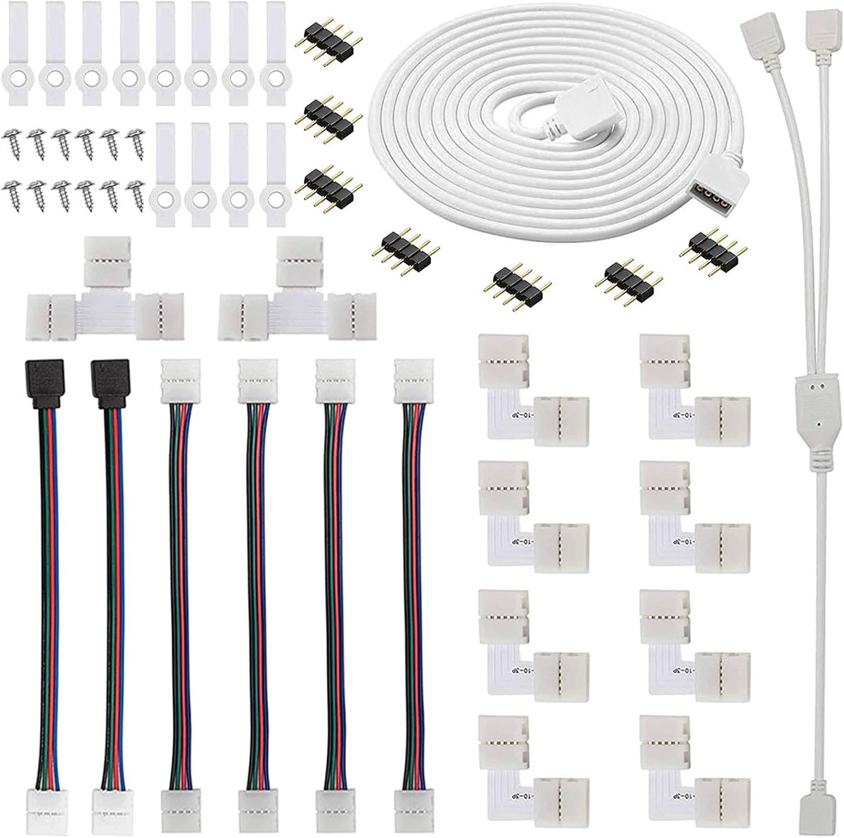 5050 4-pins RGB LED Strip Connector Kit Inclusief Scheidingskabel, Aansluitkabels voor LED Strips, L-vormige Connectoren, 4-polige mannelijke stekker