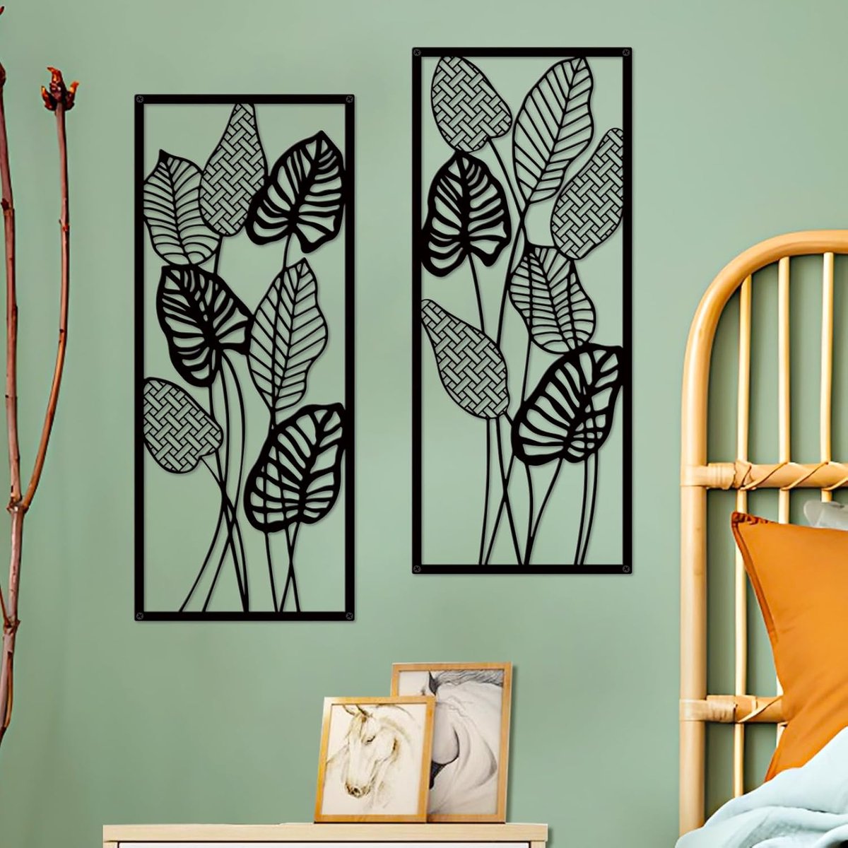 ruelen 2 stuks zwart metalen blad muurkunst moderne minimalistische metalen wandkleden, rustieke boerderij blad decor voor woonkamer, slaapkamer, hal, badkamer, kantoor - zwarte bladeren kunstwerk