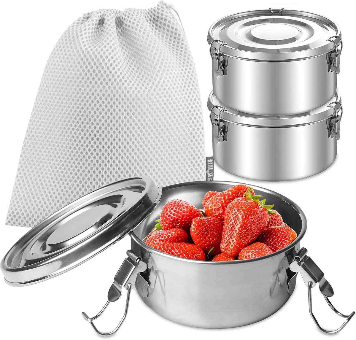 Lunchbox van roestvrij staal met deksel, lunchbox voor snacks, fruit, muesli, 3 stuks