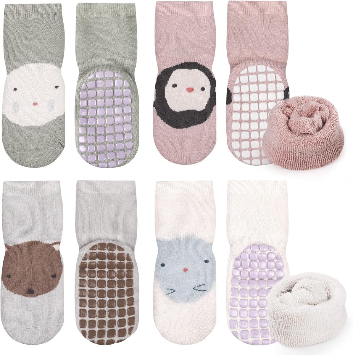 Sokken van katoen, 4 paar, antislip sokken voor meisjes en jongens, babysokken 0-5 jaar, antislip thermische wintersokken - S/M/L