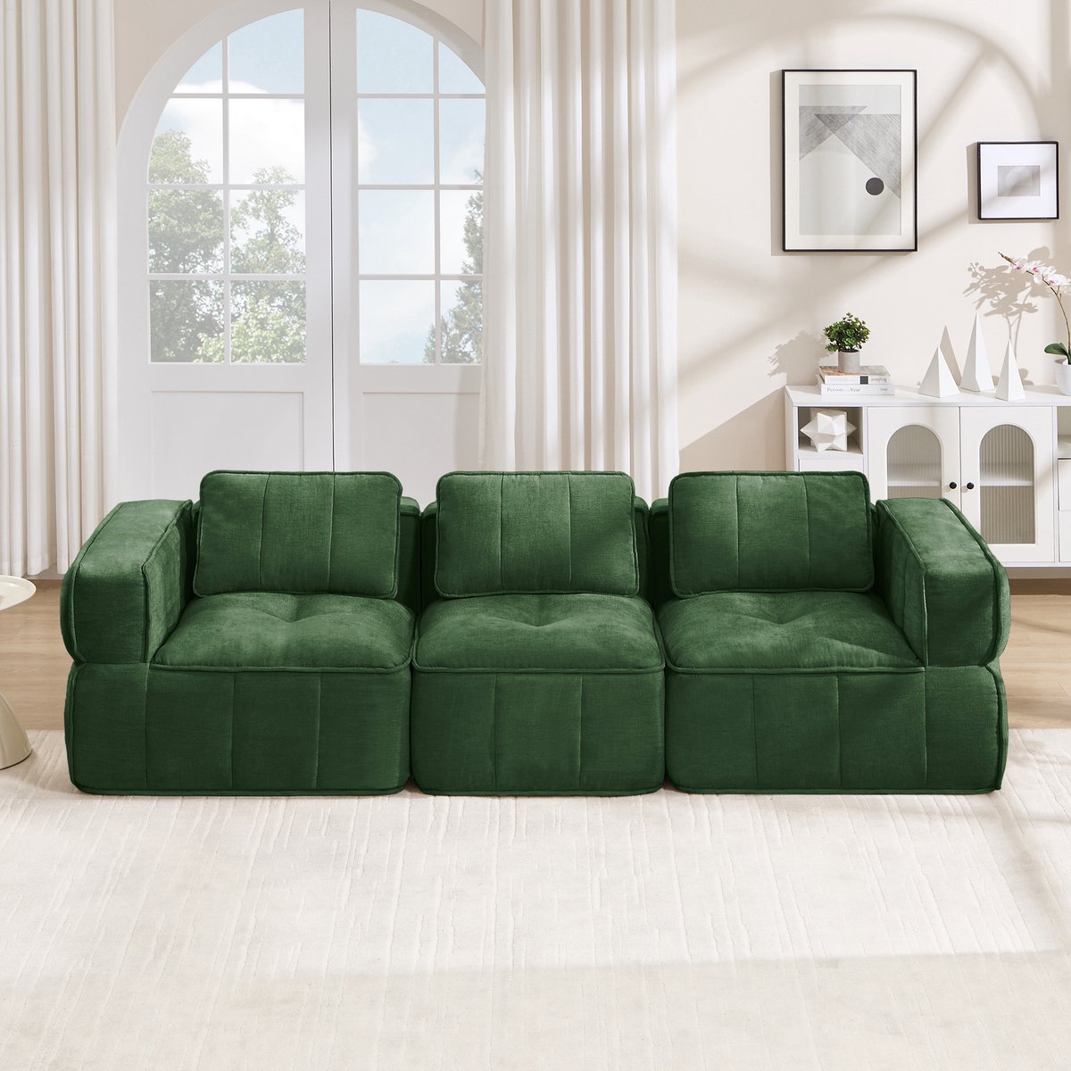 Pugsdrly Modulaire driezitsbank, ontwerp zonder steunen, 32D-schuim met hoge dichtheid, comfortabele stof, geschikt voor de woonkamer, antislipontwerp, geen montage nodig, groen.