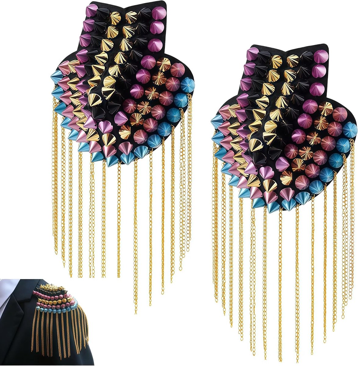 epauletten met kristallen kralen, 2 stuks metalen kwastjes, klinknagels, afneembare schouderkleppen met speld, voor retro kostuum, uniform accessoires, Halloween-party, mode, schouderplanken