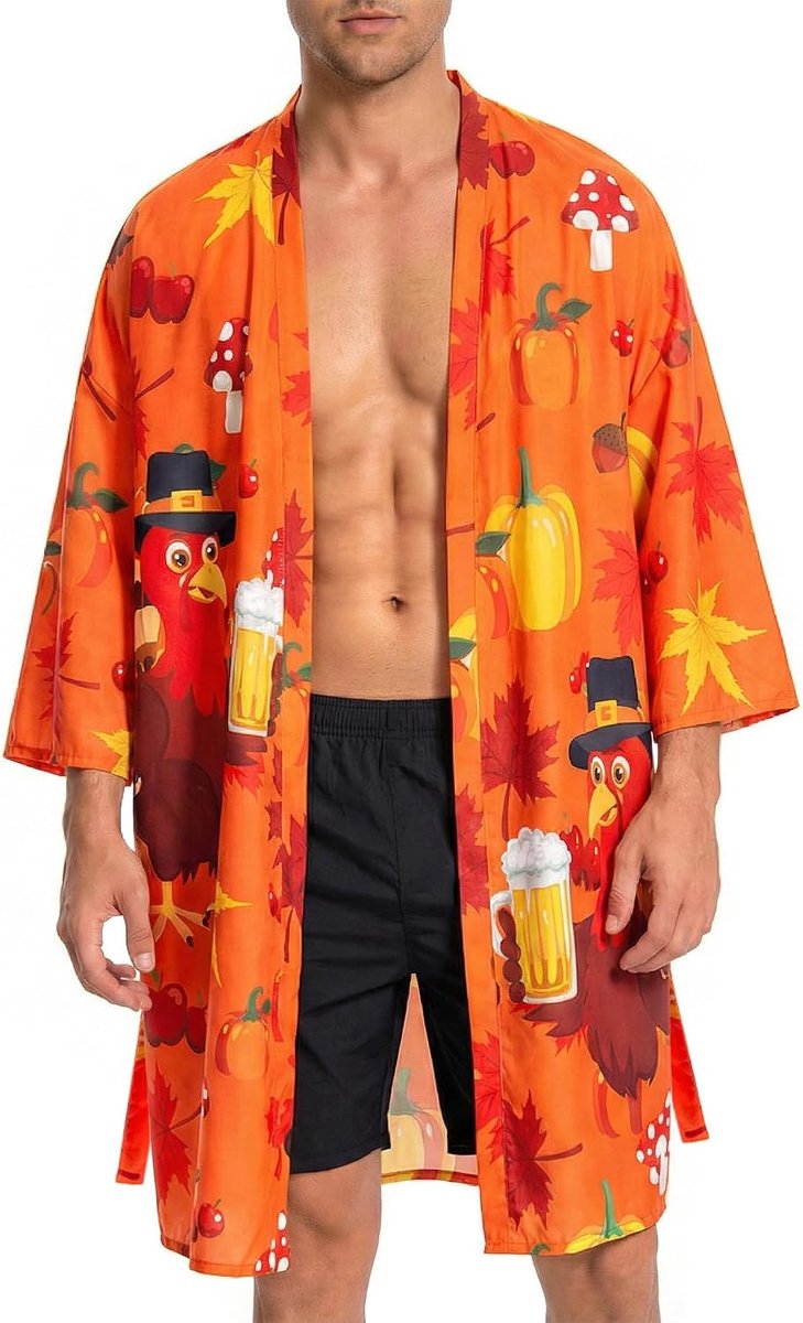 Heren Lichtgewicht Kimono Badjas met Riem Japanse Stijl Jas Unisex Casual Open Voorkant Lange Cardigan Cape Jas Buitenkleding, Turkije, L