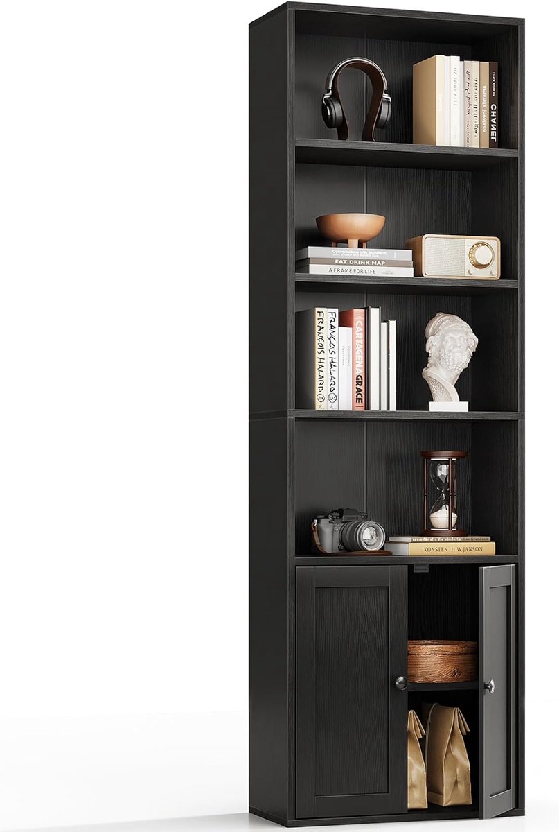 6-laags boekenkast met deuren en kastje, Vloerstaand boekenrek voor presentatie en opslag, Boekenkasten voor huis, kantoor, woonkamer, slaapkamer, Zwart, 48 x 24 x 176.4