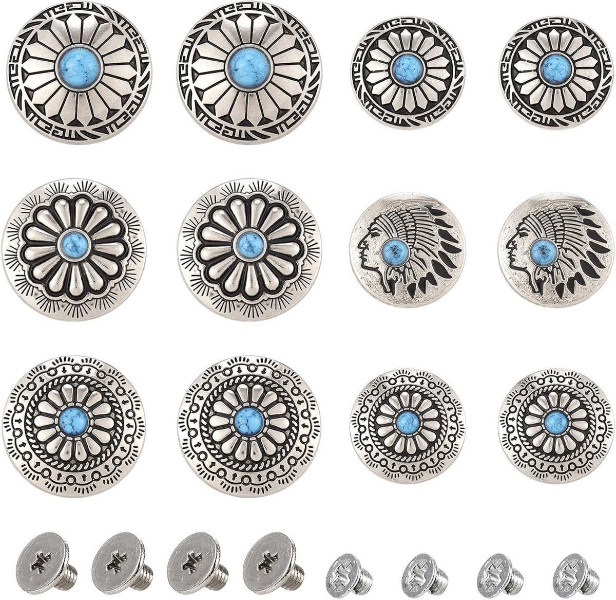 12 sets platte ronde legering munt schroefruggen met imitatie turkoois bloemenpatroon legering gesp 24-30x7,5-10mm voor tassen lederen knutselwerk decoratie
