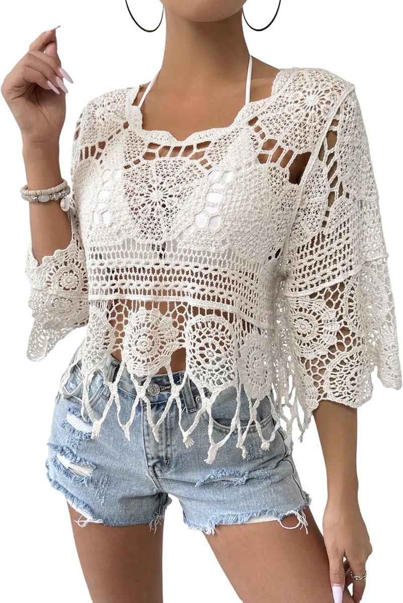 Dames cover-up strandtop boho gehaakt top lange mouwen bovenstuk ronde kraag strandblouse losse bikini cover up doorzichtig blouseshirt strandmode
