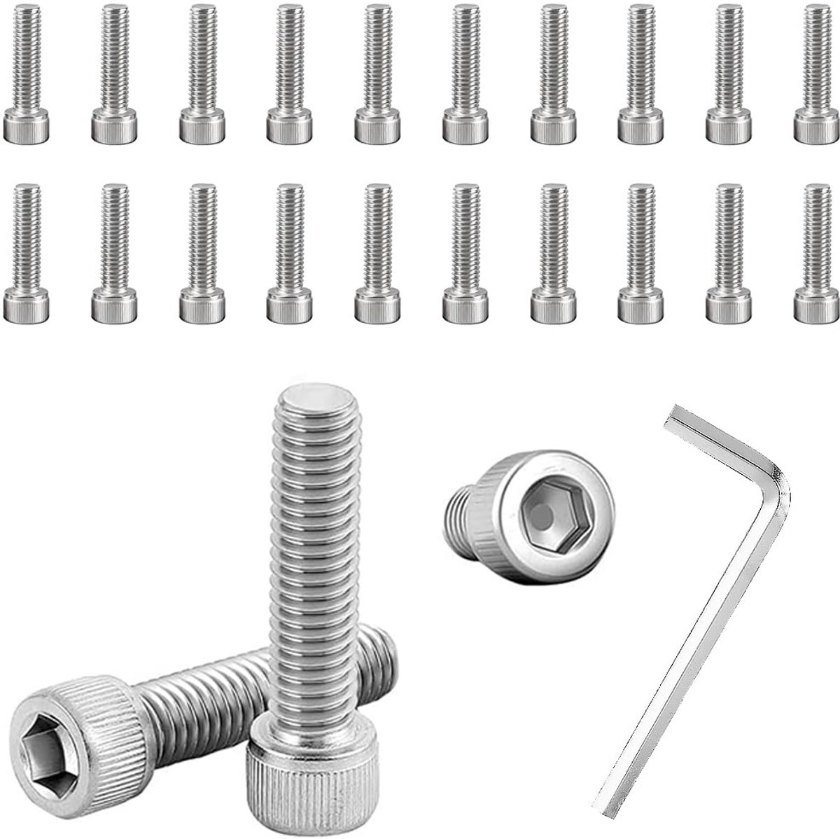 20 stuks cilinderschroeven, M6 x 20 mm, zeskantschroef met volledige schroefdraad, zilverkleurig, roestvrijstalen schroeven met inbussleutel