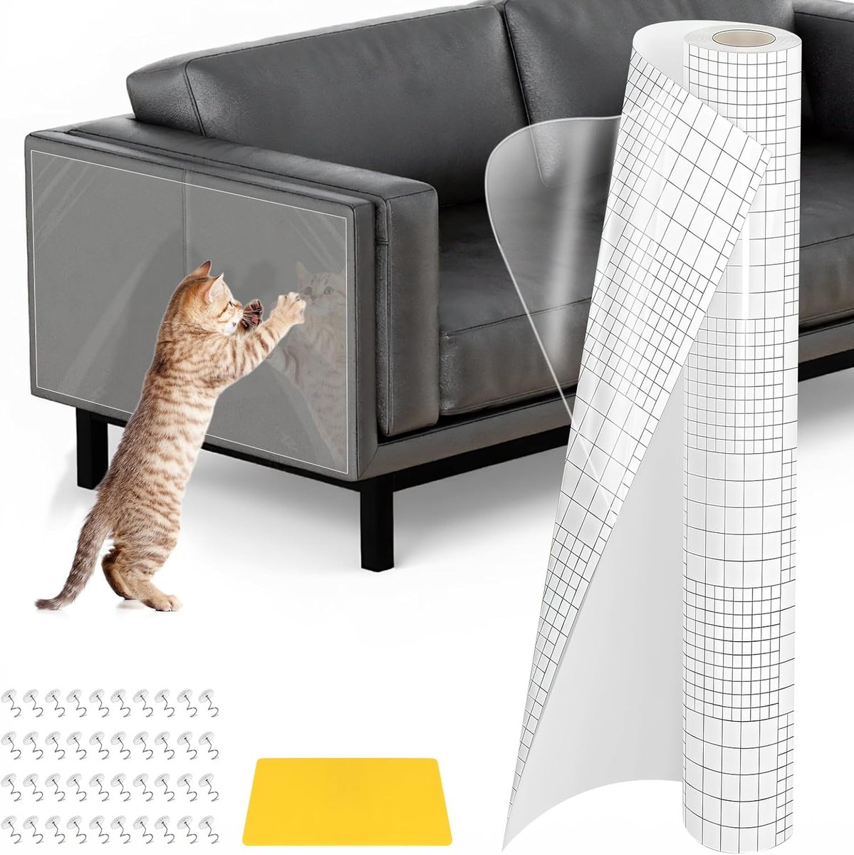 Krasbescherming voor bank, kat, 5 m x 45 cm, krasbestendige bankovertrek voor katten met 40 schroeven en 1 schraper, sterke hechting, bescherming voor katten en krassen, transparante plakfolie voor