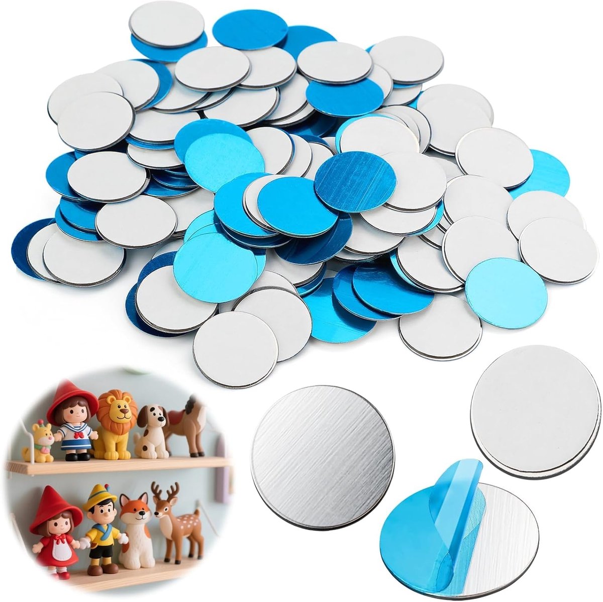 120 stuks metalen plaatjes, zelfklevend voor Tonie-figuren, 20 mm, 0,3 mm dik, metalen plaat, zelfklevend, voor magneten, metalen schijven van roestvrij staal voor Tonies, rek, kinderkamer