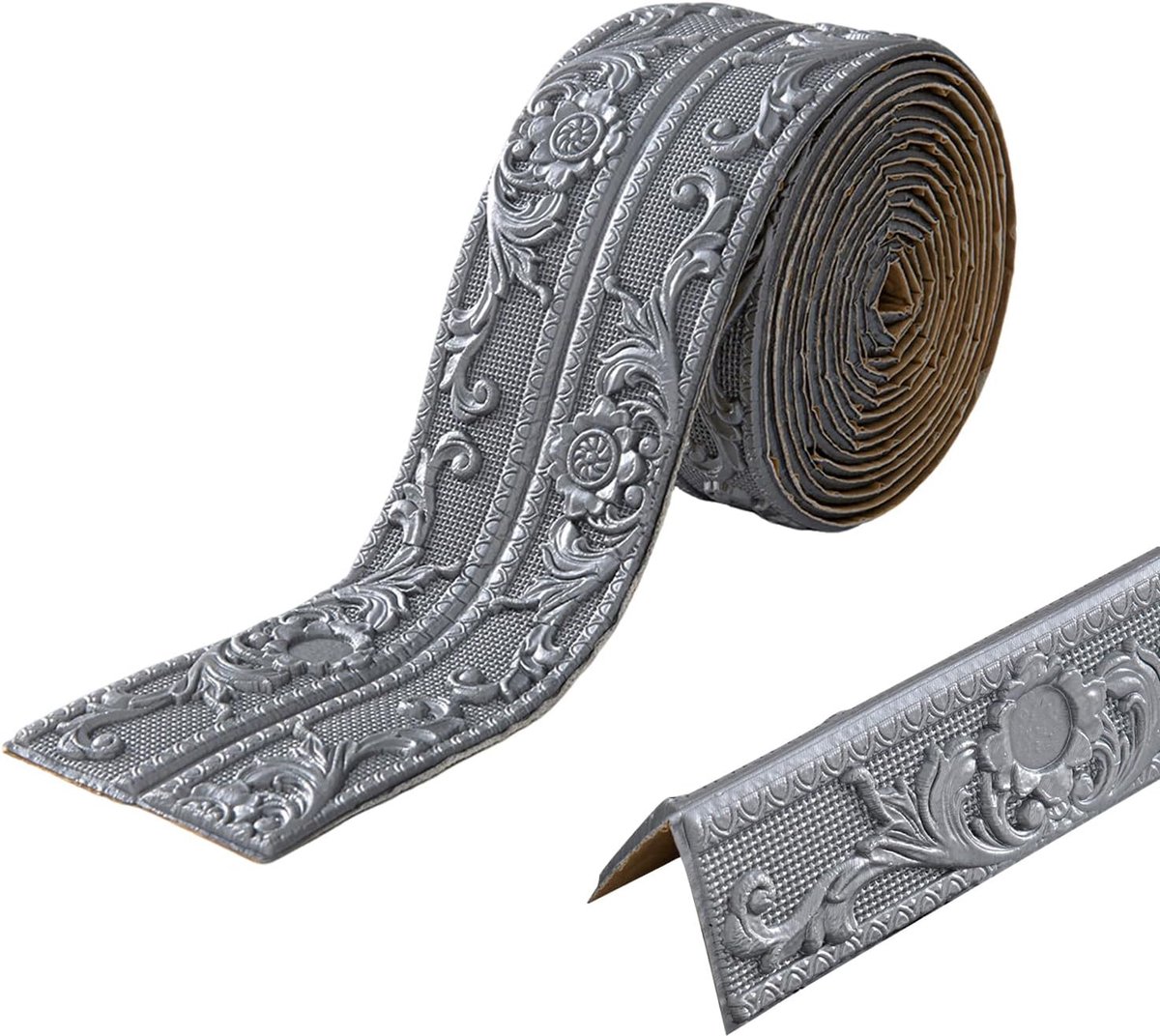 Behangrand Zelfklevend, Wandbehang 4,5m x 10cm x 8mm, Rococo-stijl Sierlijsten, Waterdicht 3D Behangborder voor Hal, Plafond, Hoek, Lijn (Zilver)