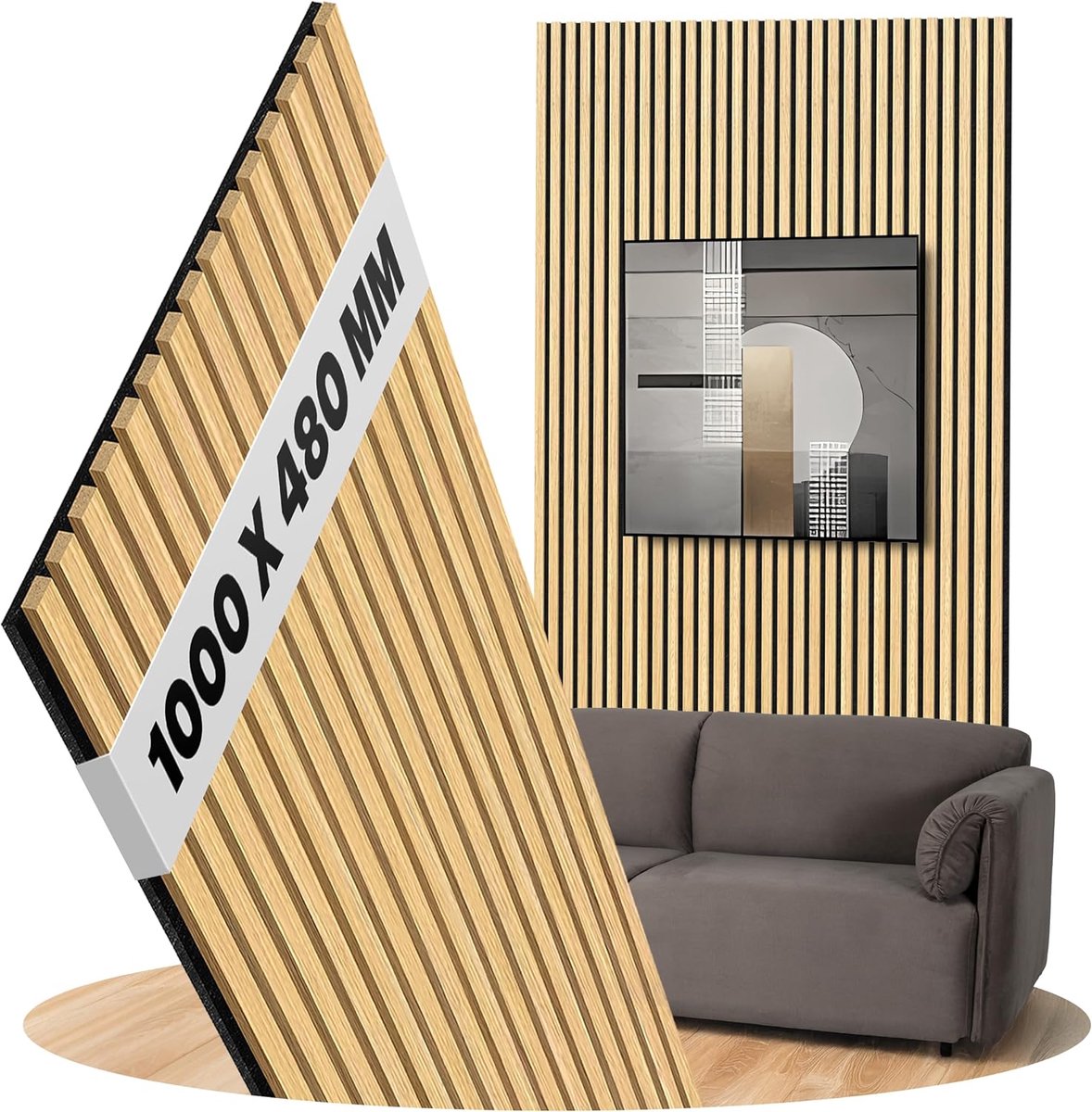 panelen Eiken natuurlijk wandpanelen Vilt zwart, Oppervlak: Echt hout Formaat: 1000 x 480 mm - Akoestische panelen als wandbekleding van hout - Lamelbreedte: 27 mm (Eiken natuurlijk)
