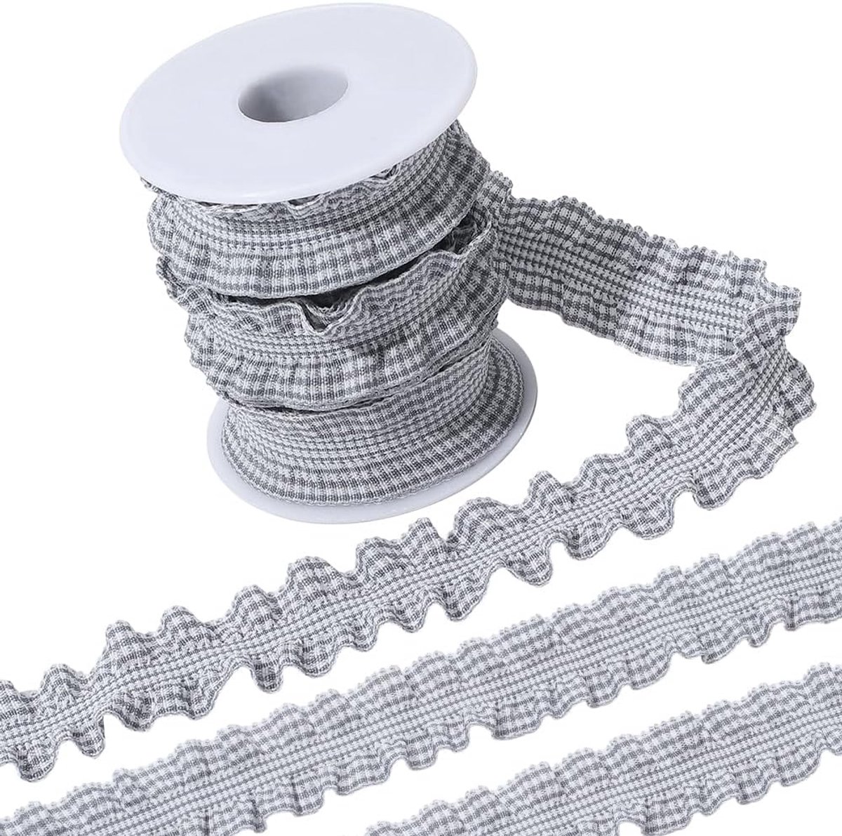 9.14M 25mm Grijs Gingham Ruche Lint met Lege Spoelen Plaid Geruit Verzameld Geplooid Kant Chiffon Vintage Doek Trim voor Naaien Maken Jurk Kraag Bloemen Home Decor DIY Craft Supply