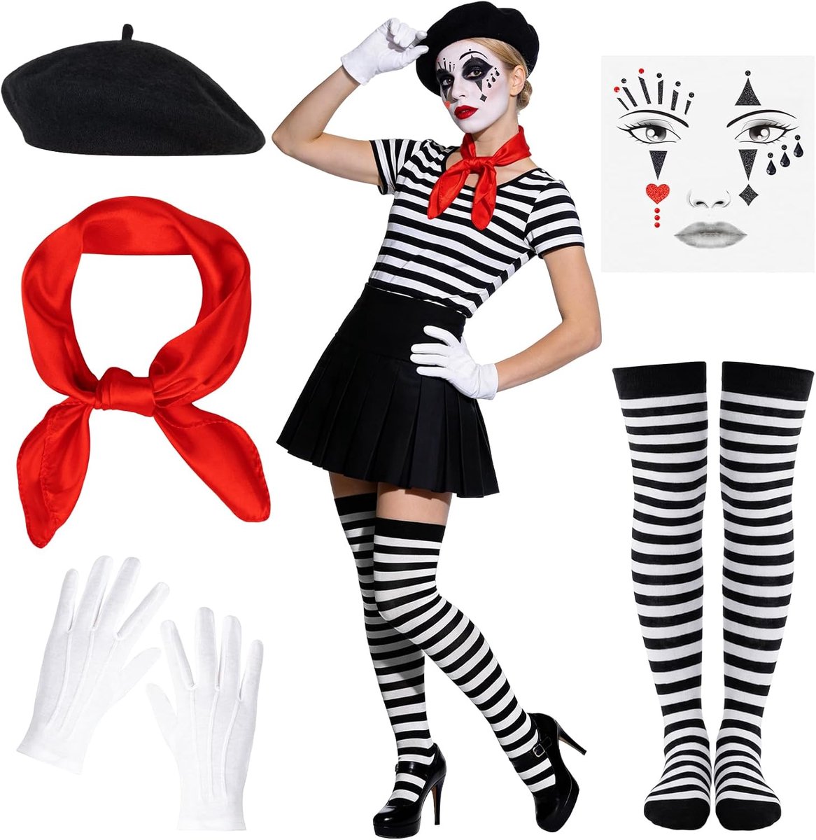 5 stuks carnavalskostuum Pantomima dames, kleding kostuum clown dames accessoires carnaval volwassenen zwart pantomime muts doek wit gezichtshandschoen tattoo