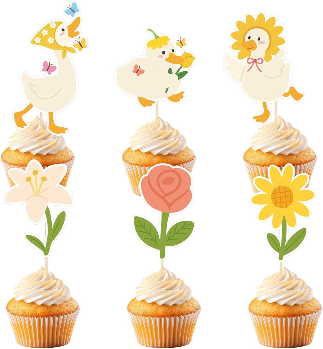 24st Domme Gans Cupcaketoppers, 6 Stijlen Gans Cupcaketoppers met Stok & Jelly Gel voor Jongens en Meisjes Babyshowers Verjaardagsfeestjes Cupcake Decoraties