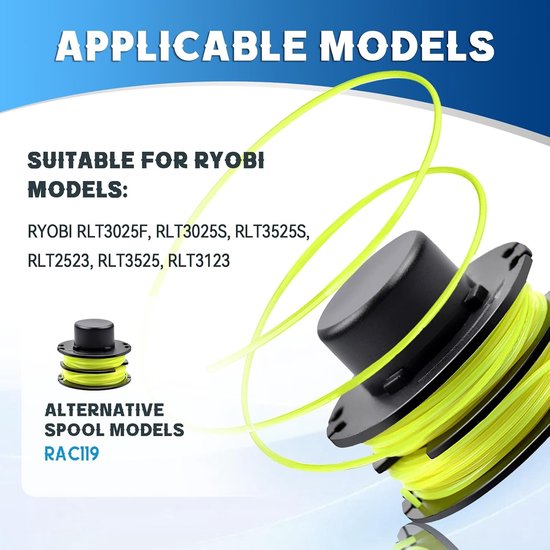 4 stuks grastrimmer draadspoel, compatibel met Ryobi RAC118 RAC119, reservedraadspoel voor Ryobi RLT3025F, RLT3025S, RLT3525S, RLT2523, RLT3525, RLT3123, Ø 1,2 mm lengte 8,4 m (4 spoelen) — afbeelding 2