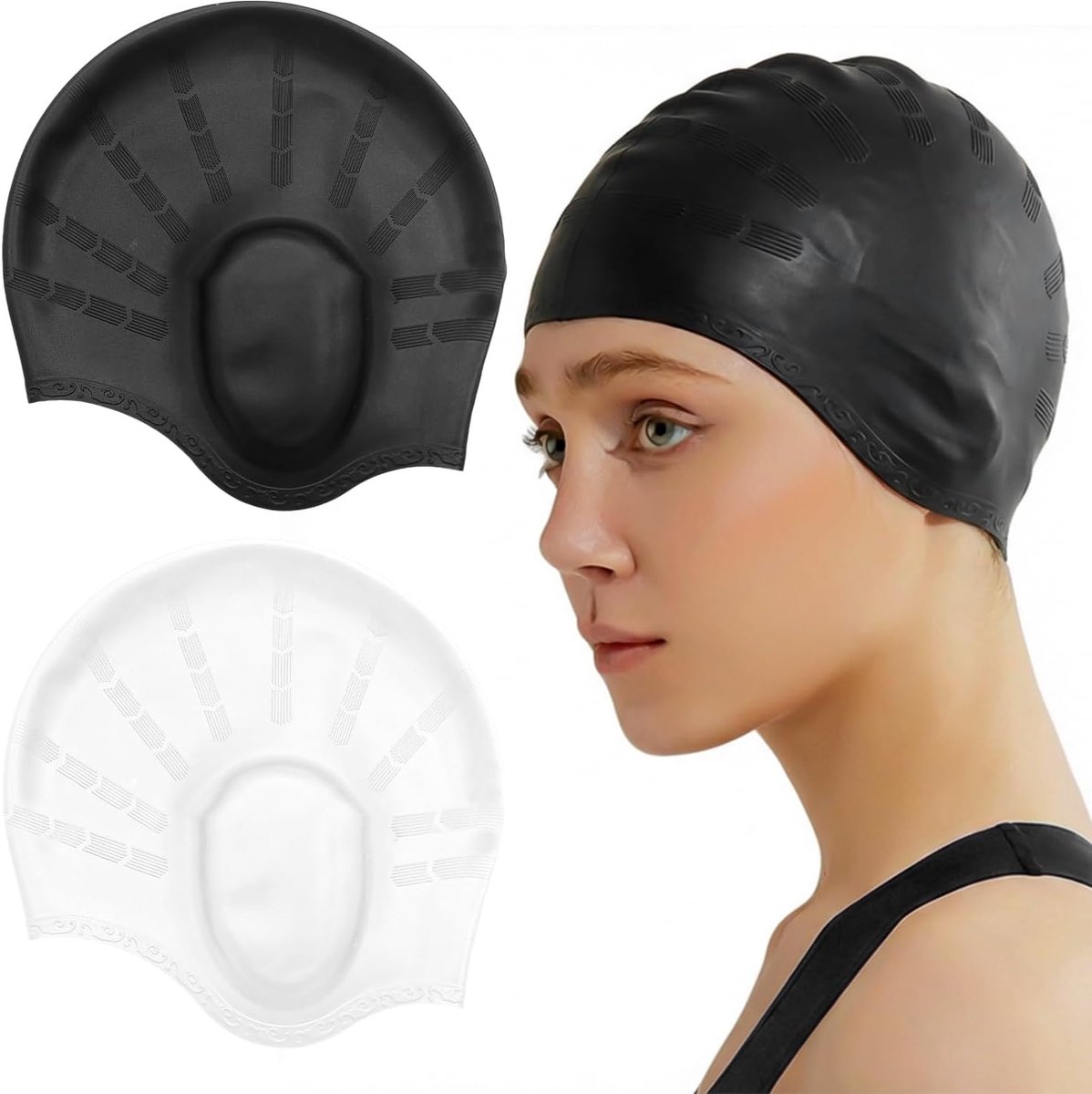 Zwemmutsen met Oorbescherming, Waterdichte Zwemcaps voor Dames & Heren, Grote Zwart & Wit Badmutsen voor Lang Haar, Antislip & Duurzaam voor Training in het Zwembad