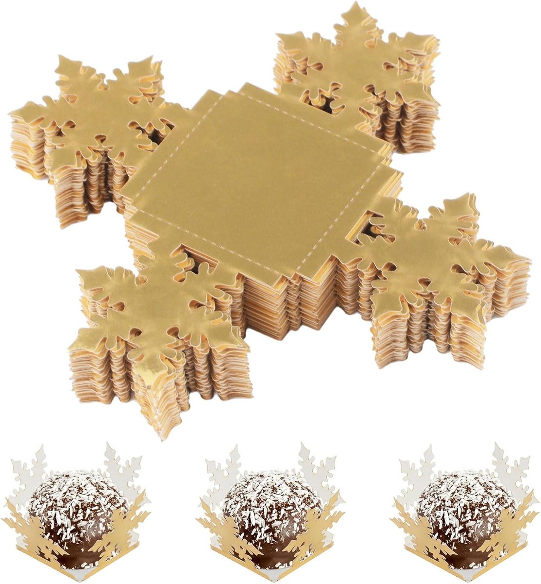 Bekers, 100 stuks Gouden Sneeuwvlokjes Chocolade Verpakkingen Dessert Bakken Snoepbeker Mini Verpakkingsbekers voor Muffins Cupcakes Verjaardag Bruiloft