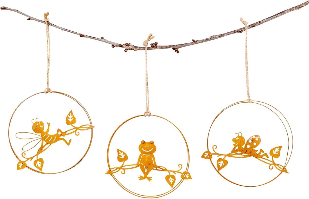 levandeo Set van 3 tuindecoratie, bijen, kikker, lieveheersbeestje, decoratiehangers, tuinbord, roestdecoratie, om op te hangen, metalen decoratie, tuin, etallbild