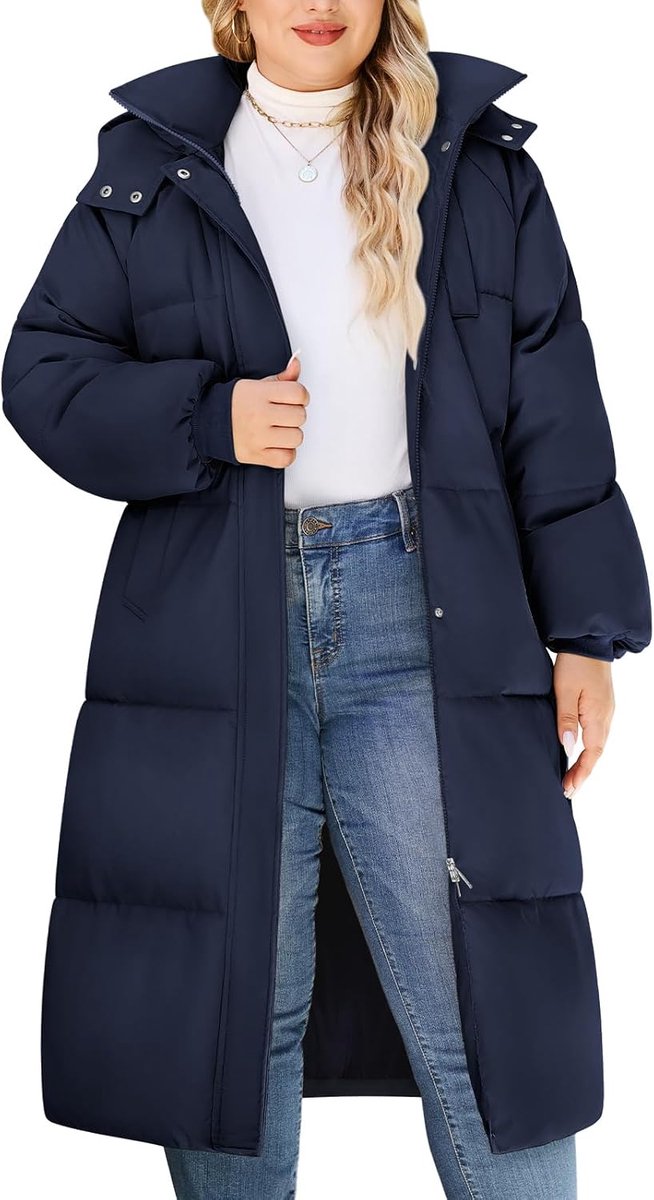 Oversized winterjas voor dames, lange gewatteerde jas met capuchon, warm, dikke, waterafstotende winterjas